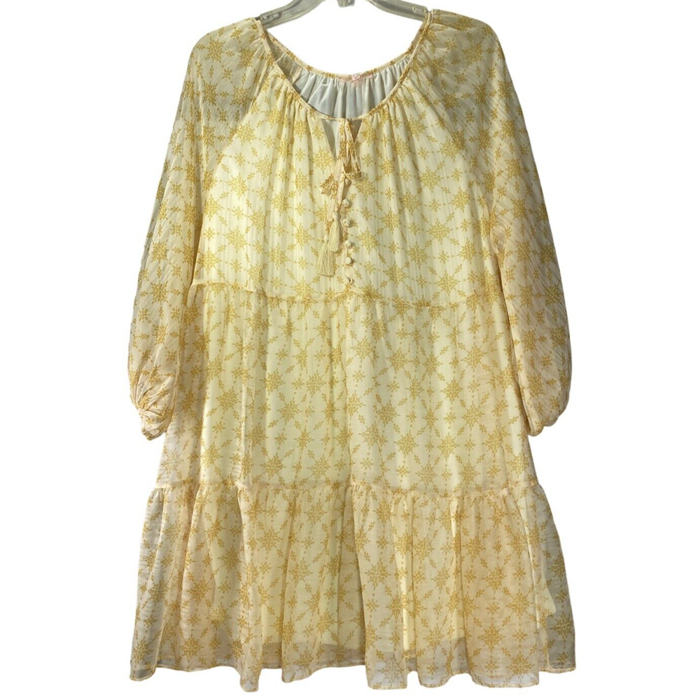 Lovecolette Boho Women L Chiffon Floral Tiered Ruffle Cottage Knee Dress NWOT